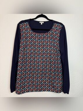 Talbots Women's Large Nautical Anchors Navy Pullover Crew Neck Long Sleeve Shirt